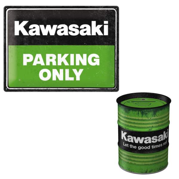 Kawasaki Motorradfahrer Geschenkset: Parkplatzschild & Spardose