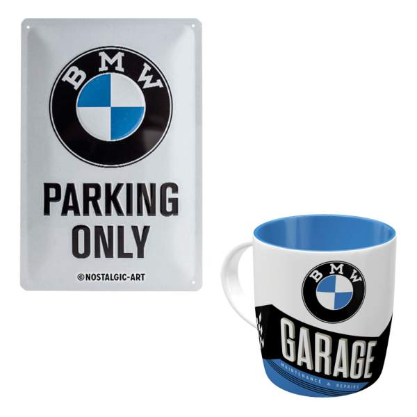 BMW Motorradfahrer Geschenkset: Parkplatzschild & Tasse