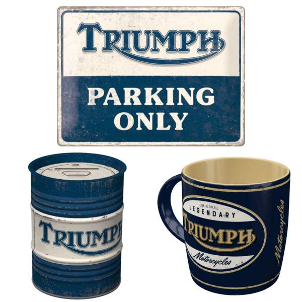 Triumph Motorradfahrer Geschenkset: Tasse, Parkplatzschild & Spardose