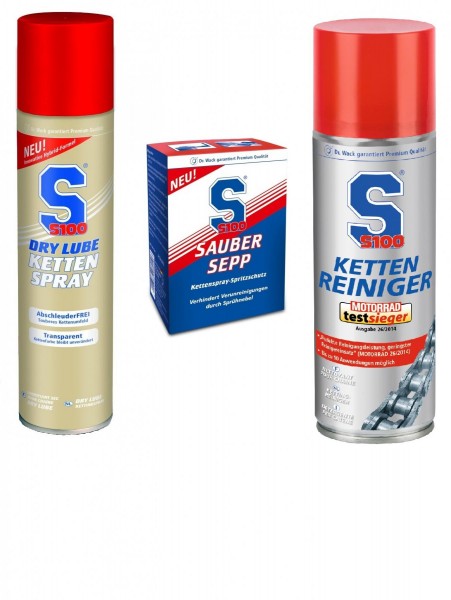 S100 - Kettenpflege Set - Kettenspray Dry Lube + Kettenreiniger + Sauber Sepp