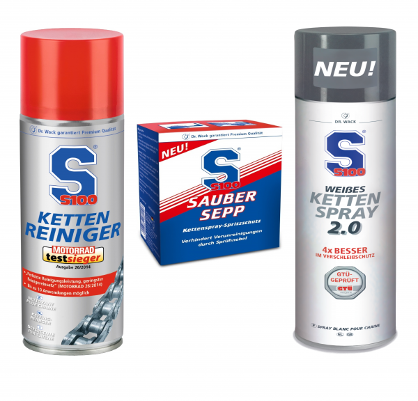 S100 - Kettenpflege Set - Weißes Kettenspray 2.0 + Kettenreiniger + Sauber Sepp