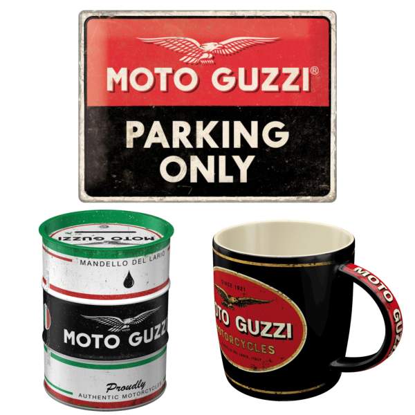Moto Guzzi Motorradfahrer Geschenkset: Tasse, Parkplatzschild & Spardose