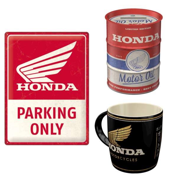 Honda Motorradfahrer Geschenkset: Tasse, Parkplatzschild & Spardose